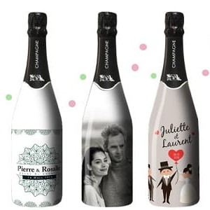 Bouteille de Champagne personnalisée pour un mariage avec un sleeve pour recouvrir toute la bouteille