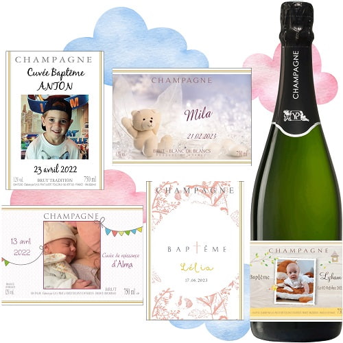 Etiquette bouteille champagne pour un baptême ou un cadeau de naissance