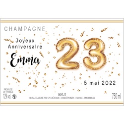 Etiquette Champagne avec ballons chiffre anniversaire