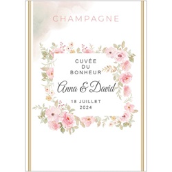 tiquette de champagne pour mariage avec cadre fleuri rose